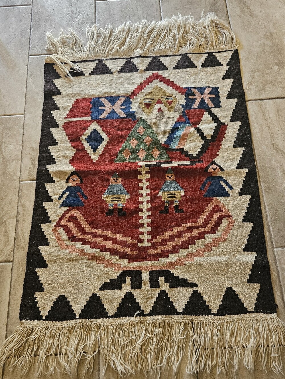 Vintage Santa Claus Baba Noel Turkish Kilim Wool Rug Wall Hanging Fringed